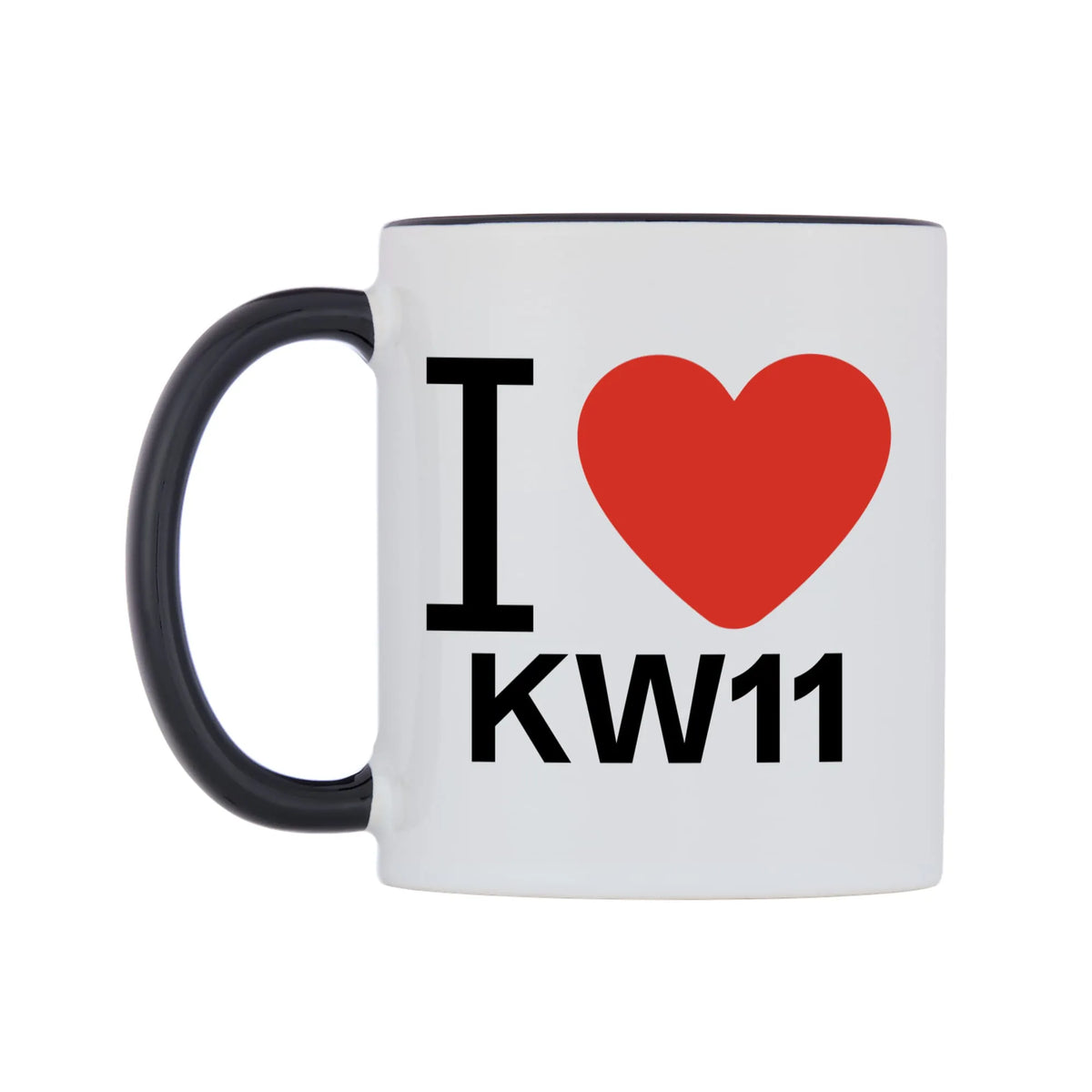 I Love KW11 Mug — white 11oz gloss mug with a black inside and handle, right side, on a white background