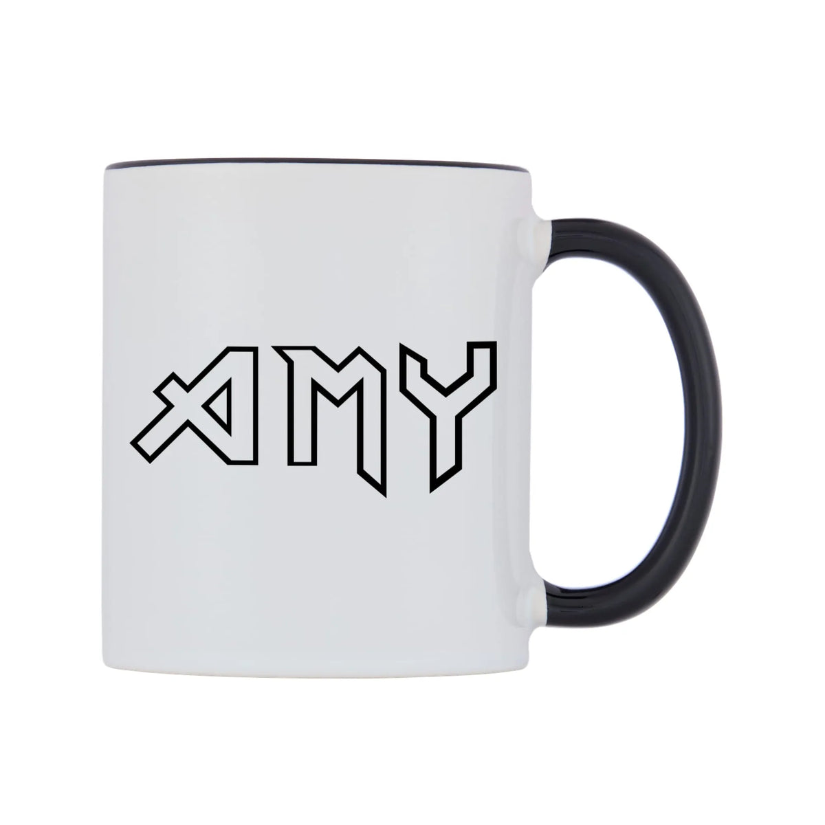 Amy - Iron Maiden Themed Mug — white 11oz gloss mug with a black inside and handle, left side, on a white background