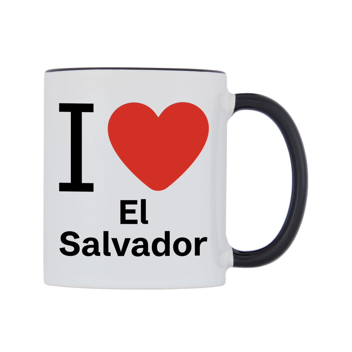 I Love El Salvador Mug — white 11oz gloss mug with a black inside and handle, left side, on a white background