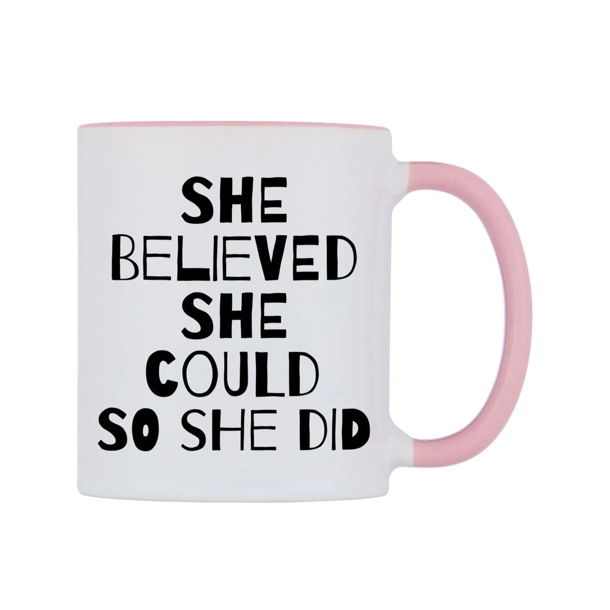She Believed She Could So She Did Mug — white 11oz gloss mug with a pink inside and handle, left side, on a white background