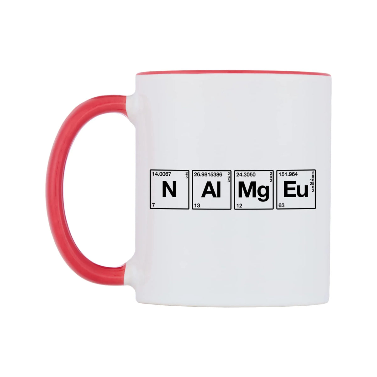 Chemistry Themed Personalised Mug — white 11oz gloss mug with a red inside and handle, right side, on a white background