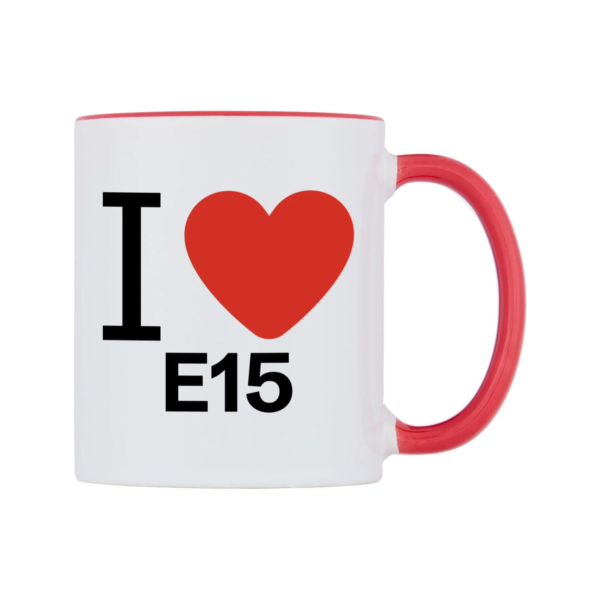 I Love E15 Mug — white 11oz gloss mug with a red inside and handle, left side, on a white background