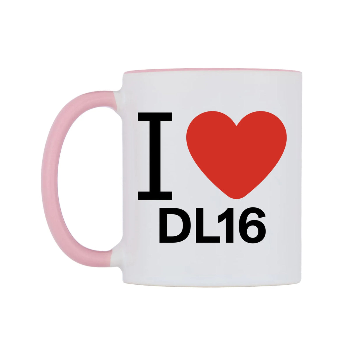 I Love DL16 Mug — white 11oz gloss mug with a pink inside and handle, right side, on a white background