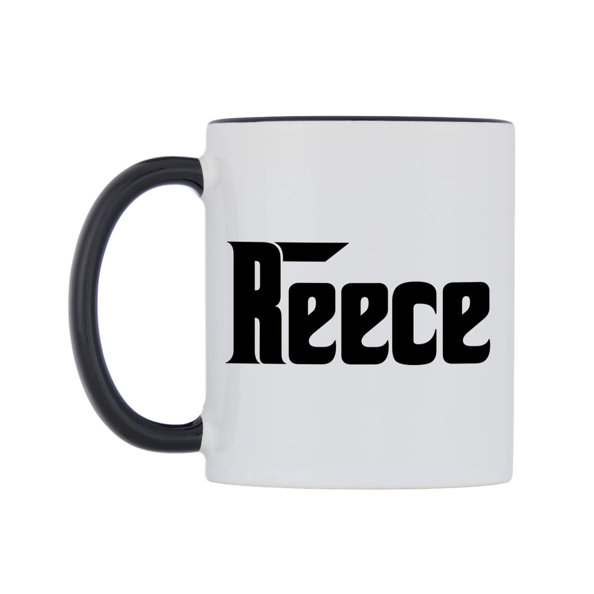 Reece - Godfather Themed Mug — white 11oz gloss mug with a black inside and handle, right side, on a white background