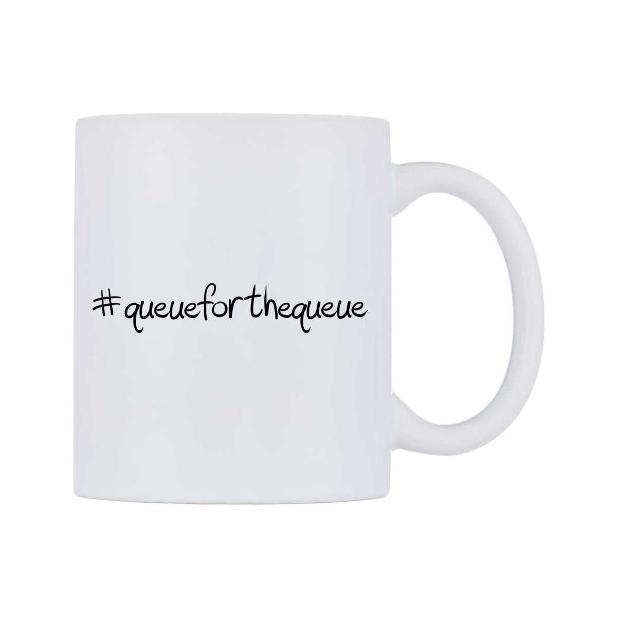 queueforthequeue Mug — mug, left side, on a white background