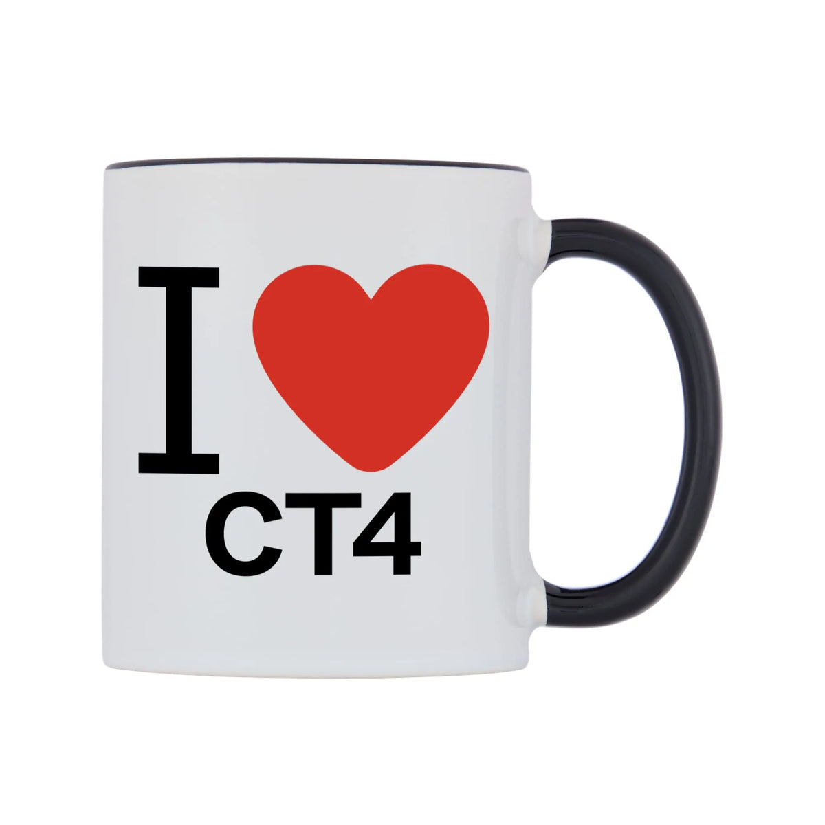 I Love CT4 Mug — white 11oz gloss mug with a black inside and handle, left side, on a white background