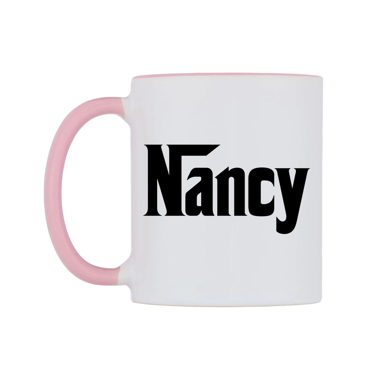 Nancy - Godfather Themed Mug — white 11oz gloss mug with a pink inside and handle, right side, on a white background