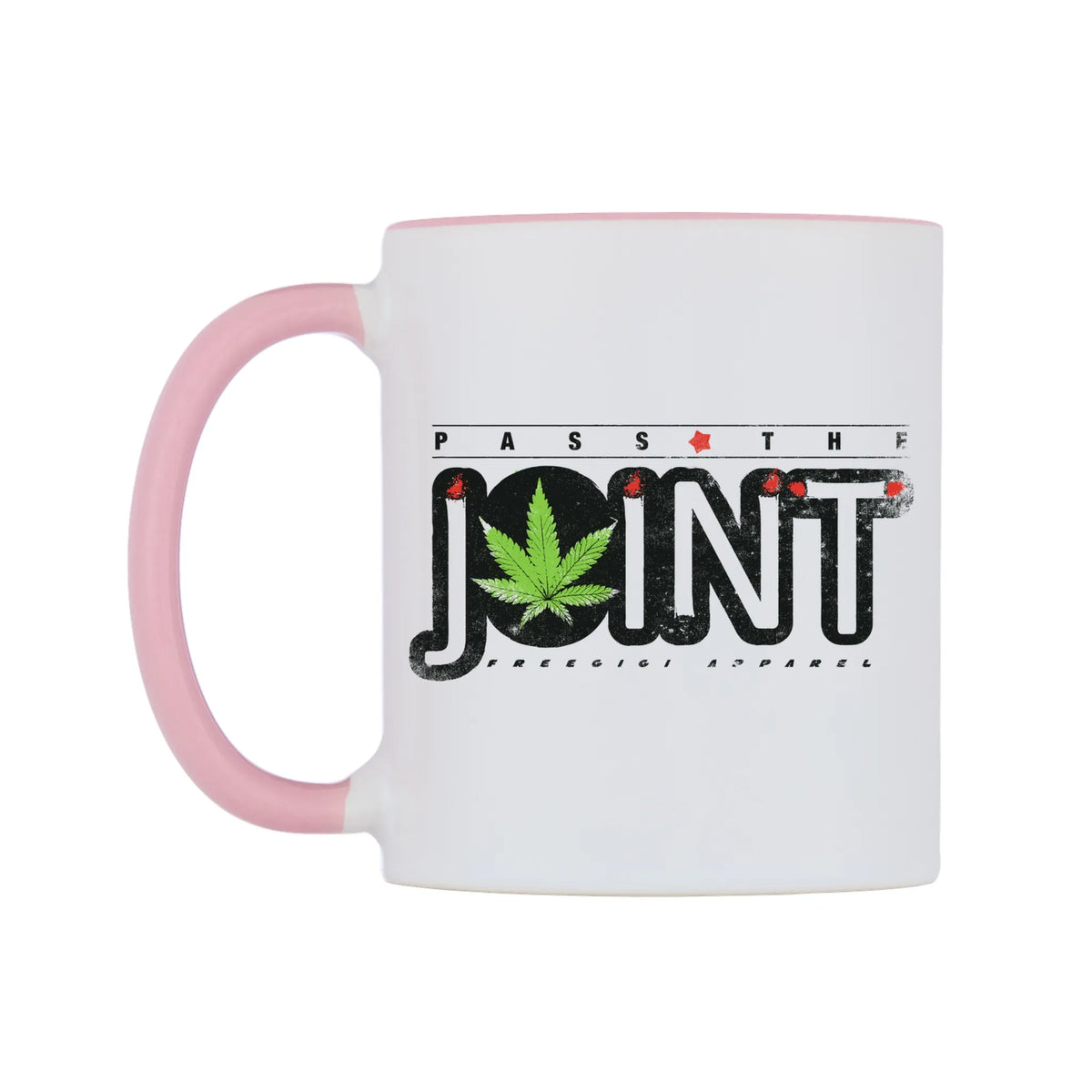Pass The Joint Mug — white 11oz gloss mug with a pink inside and handle, right side, on a white background