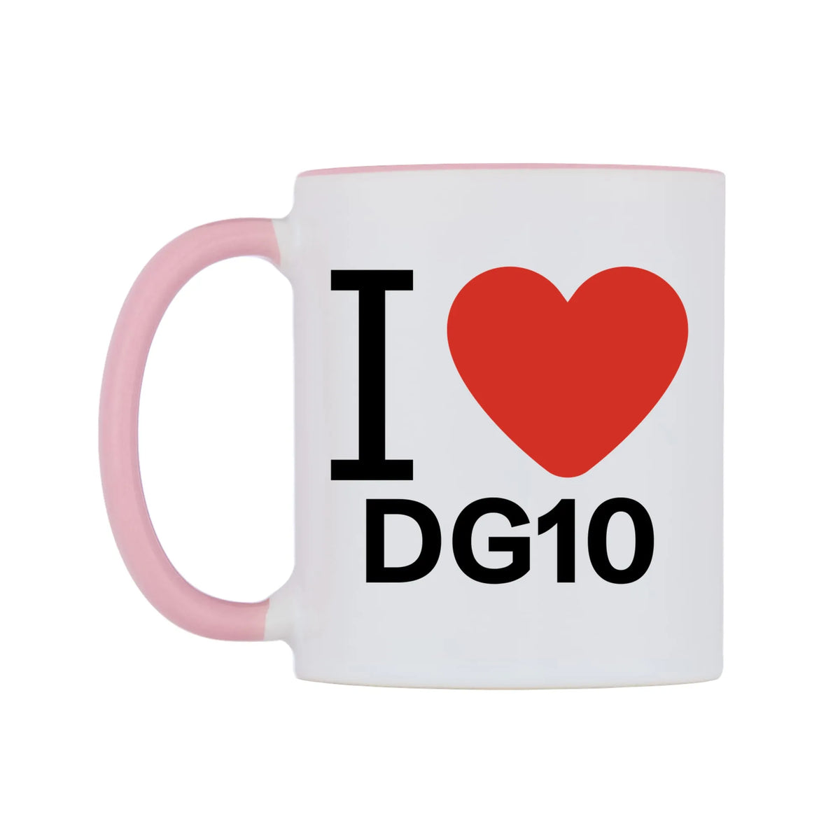 I Love DG10 Mug — white 11oz gloss mug with a pink inside and handle, right side, on a white background