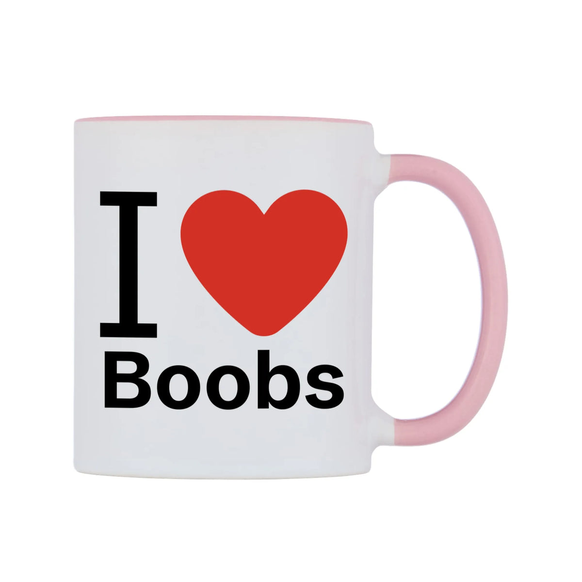 I Love Boobs Mug — white 11oz gloss mug with a pink inside and handle, left side, on a white background