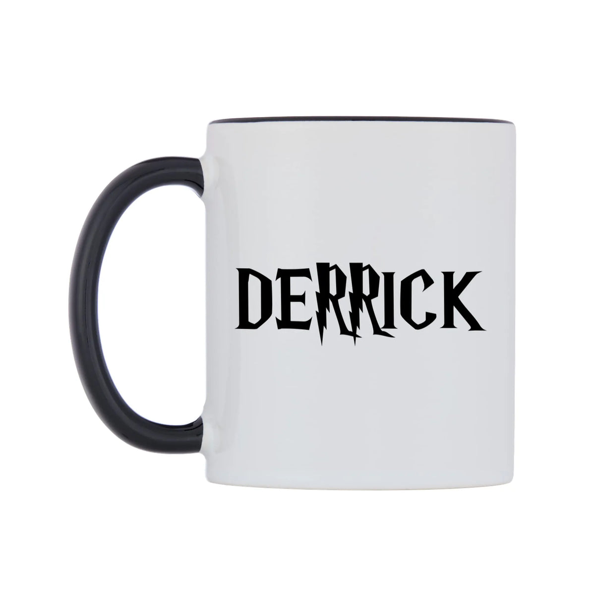 Derrick - Wizard Themed Mug — white 11oz gloss mug with a black inside and handle, right side, on a white background