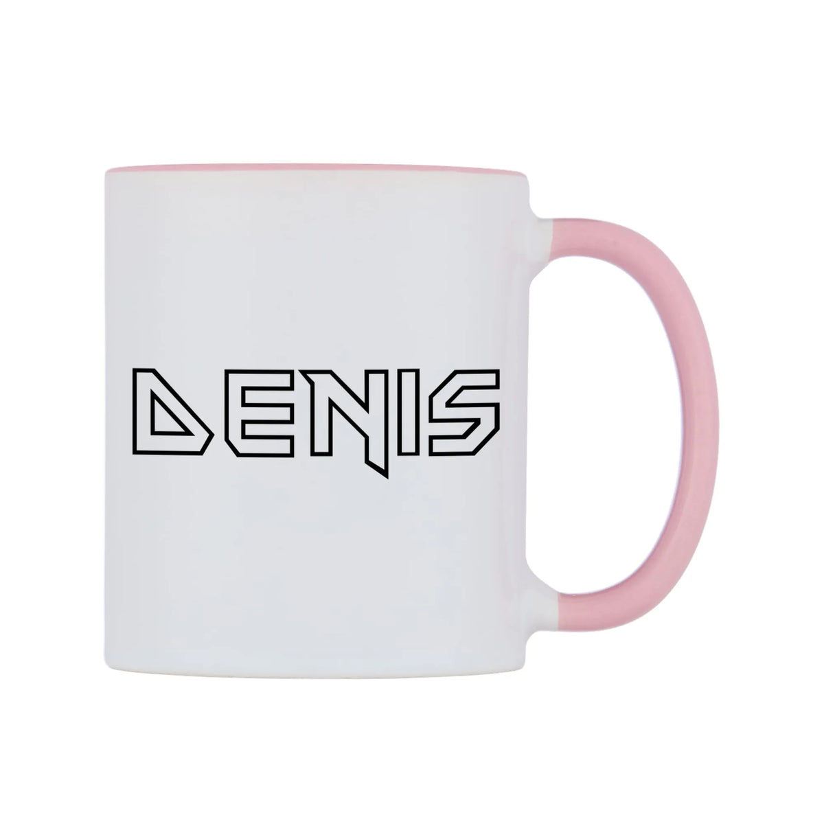 Denis - Iron Maiden Themed Mug — white 11oz gloss mug with a pink inside and handle, left side, on a white background