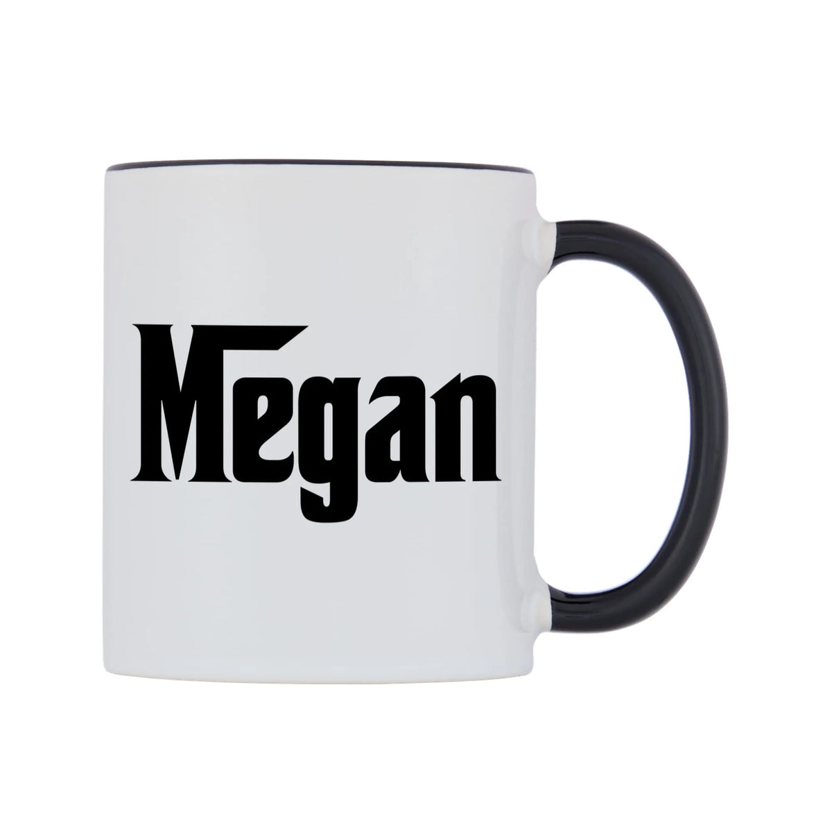 Megan - Godfather Themed Mug — white 11oz gloss mug with a black inside and handle, left side, on a white background
