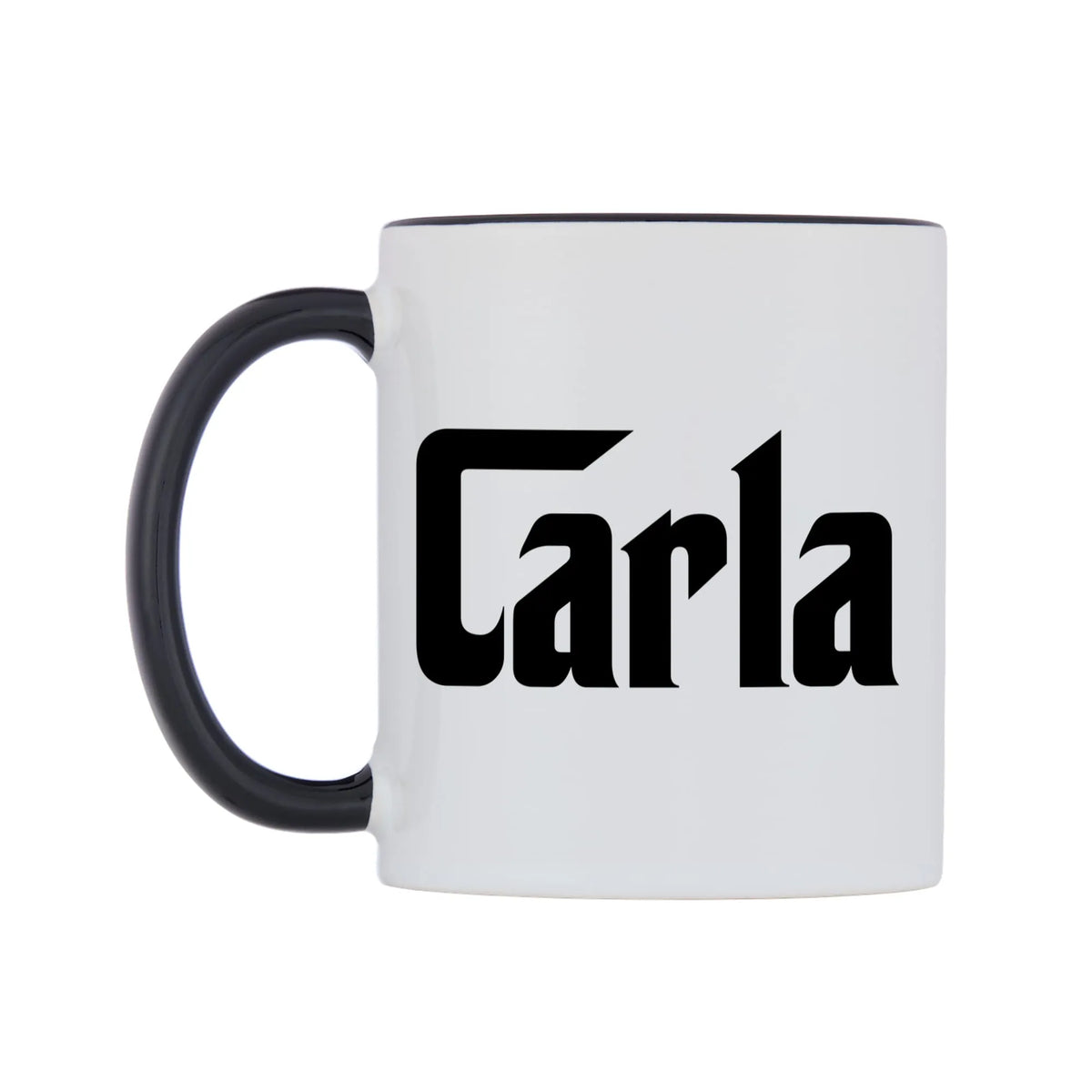 Carla - Godfather Themed Mug — white 11oz gloss mug with a black inside and handle, right side, on a white background