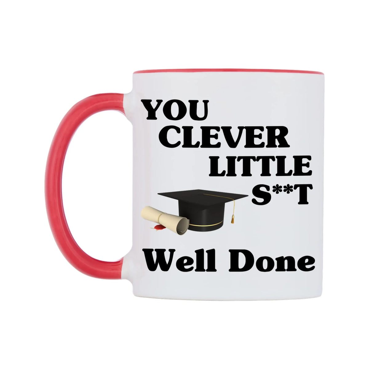 You Clever Little Sh**t Mug — white 11oz gloss mug with a red inside and handle, right side, on a white background