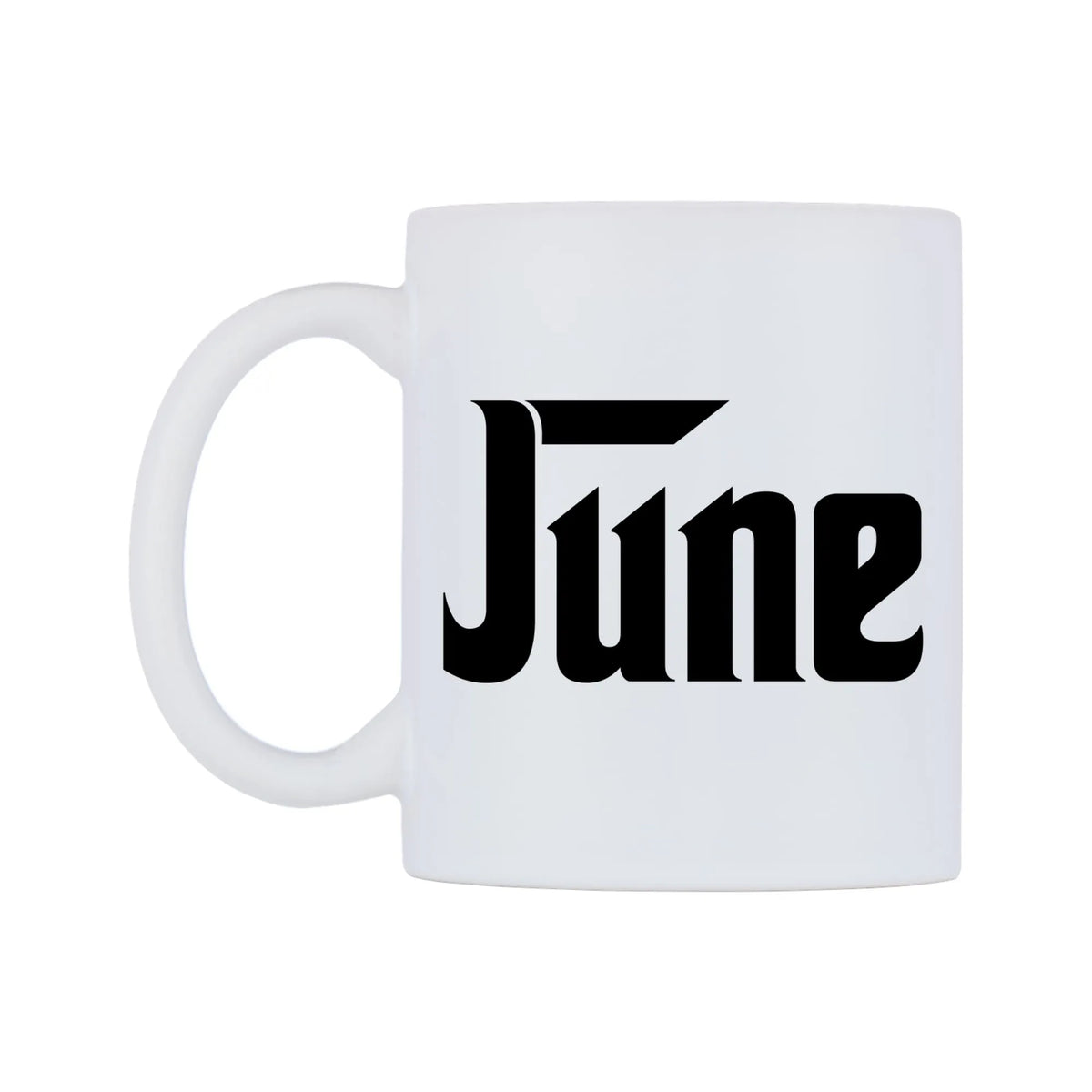 June - Godfather Themed Mug — white 11oz gloss mug, right side, on a white background