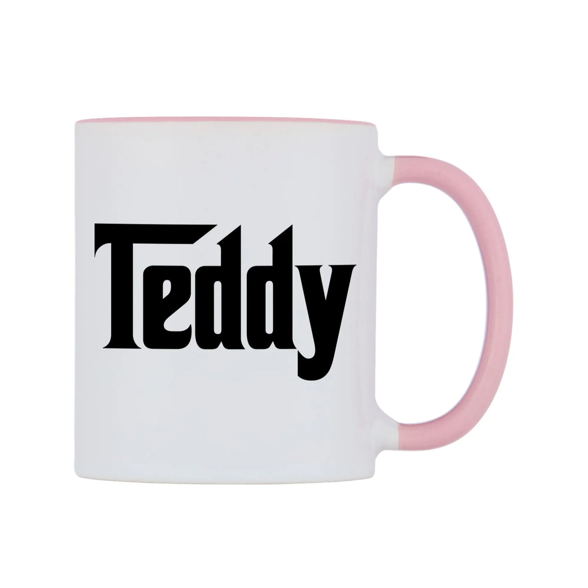 Teddy - Godfather Themed Mug — white 11oz gloss mug with a pink inside and handle, left side, on a white background
