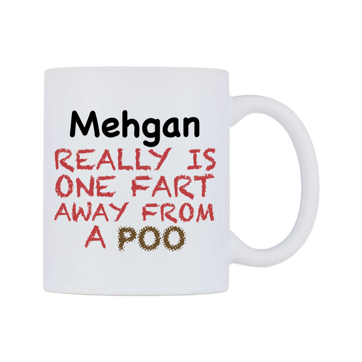Mehgan Really is ONE Fart Away from A Poo Mug — mug, left side, on a white background
