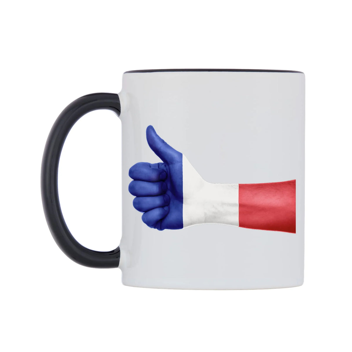 France Thumbs up Flag Mug — white 11oz gloss mug with a black inside and handle, right side, on a white background