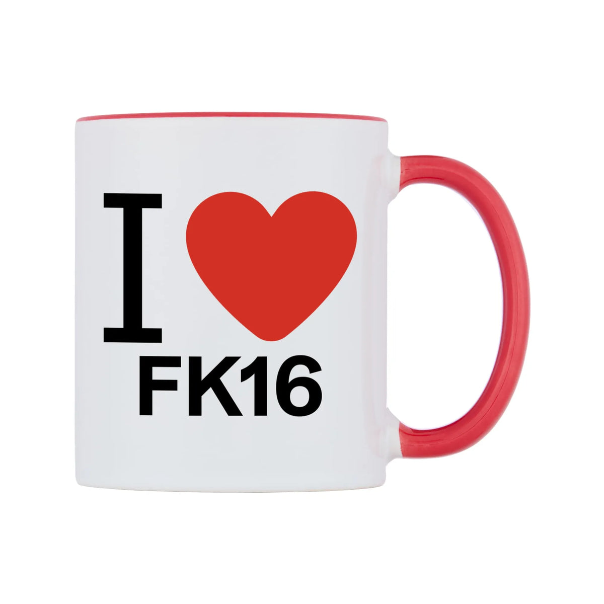I Love FK16 Mug — white 11oz gloss mug with a red inside and handle, left side, on a white background