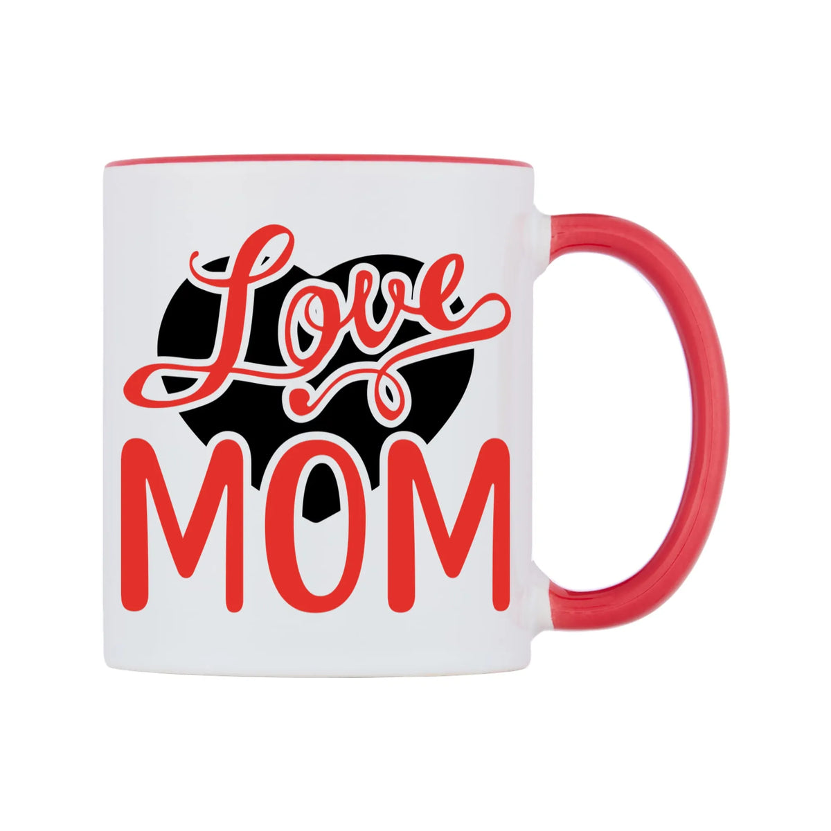 I Love Mom Mug — white 11oz gloss mug with a red inside and handle, left side, on a white background