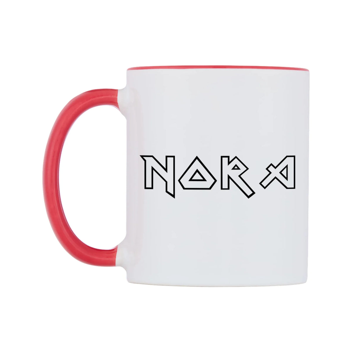 Nora - Iron Maiden Themed Mug — white 11oz gloss mug with a red inside and handle, right side, on a white background