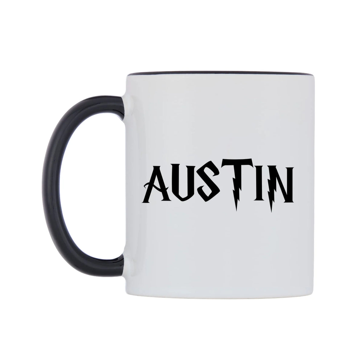 Austin - Wizard Themed Mug — white 11oz gloss mug with a black inside and handle, right side, on a white background