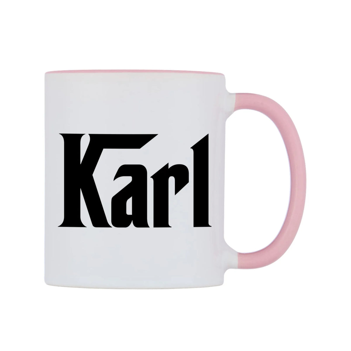 Karl - Godfather Themed Mug — white 11oz gloss mug with a pink inside and handle, left side, on a white background