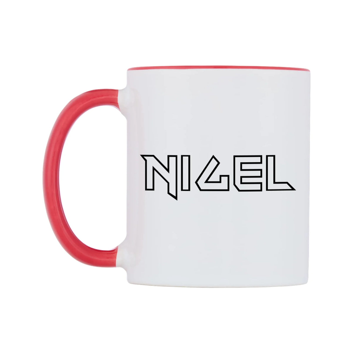 Nigel - Iron Maiden Themed Mug — white 11oz gloss mug with a red inside and handle, right side, on a white background