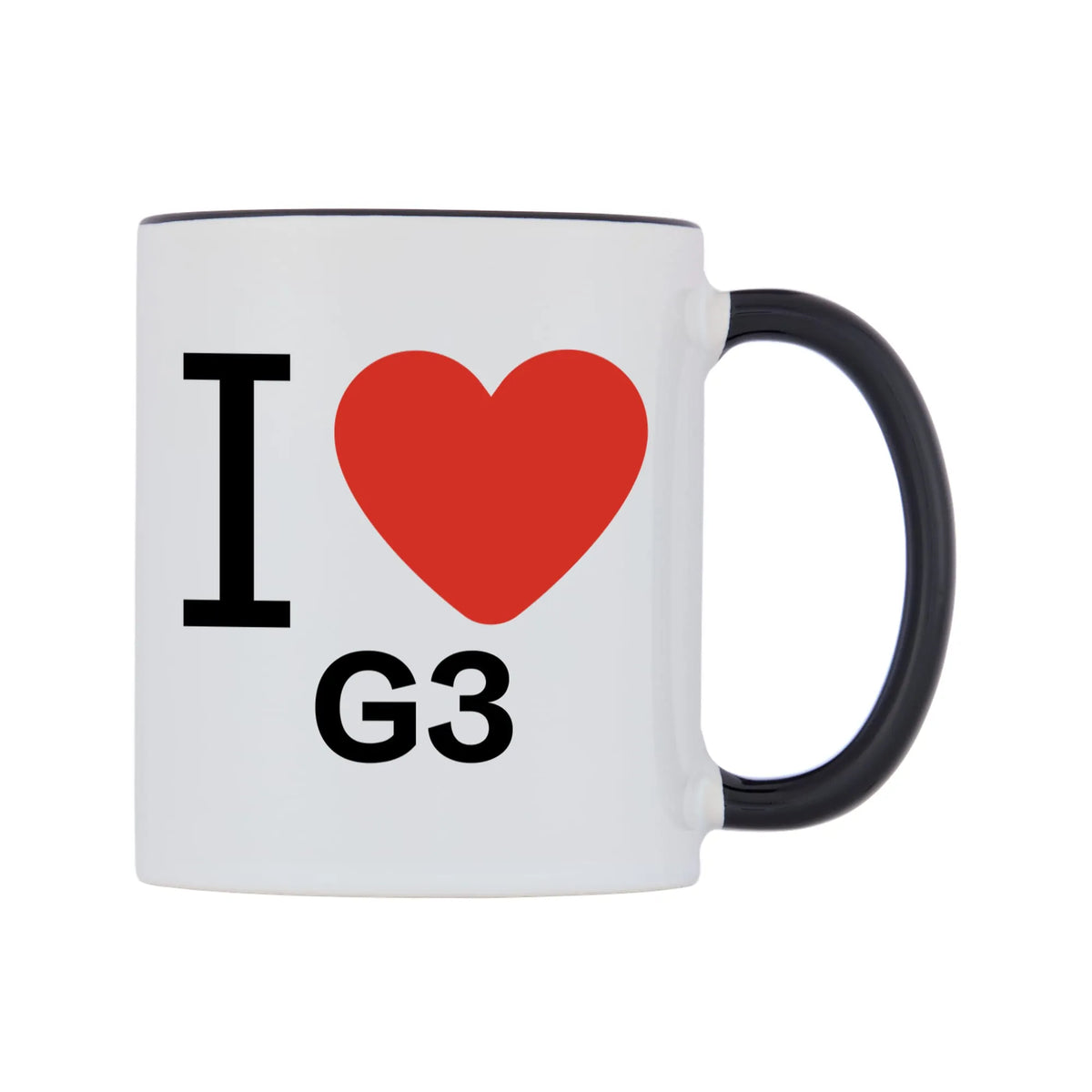 I Love G3 Mug — white 11oz gloss mug with a black inside and handle, left side, on a white background