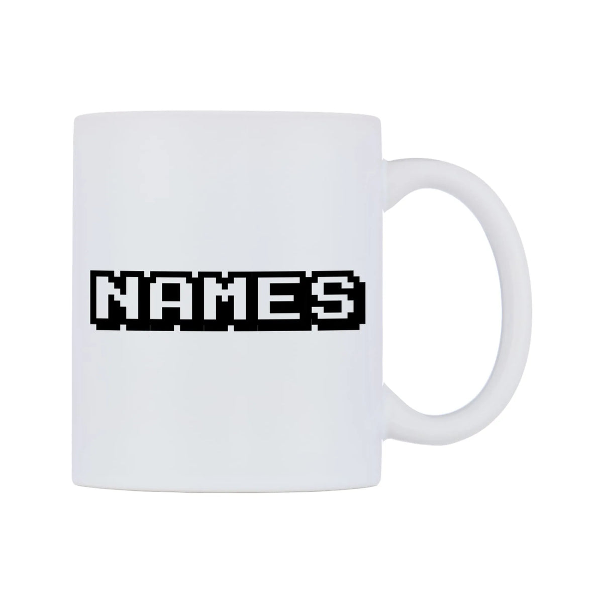 Personalised Arcade Themed Font Names Mug — white 11oz gloss mug, left side, on a white background