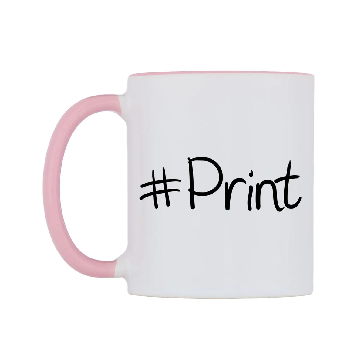 Print Mug — white 11oz gloss mug with a pink inside and handle, right side, on a white background