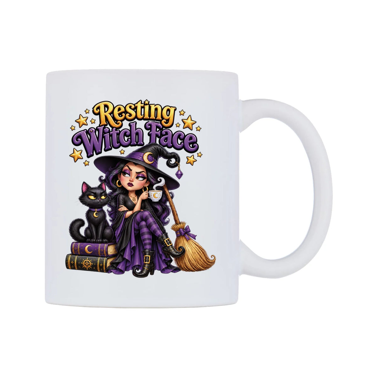Resting Witch Face Mug — white 11oz gloss mug, left side, on a white background