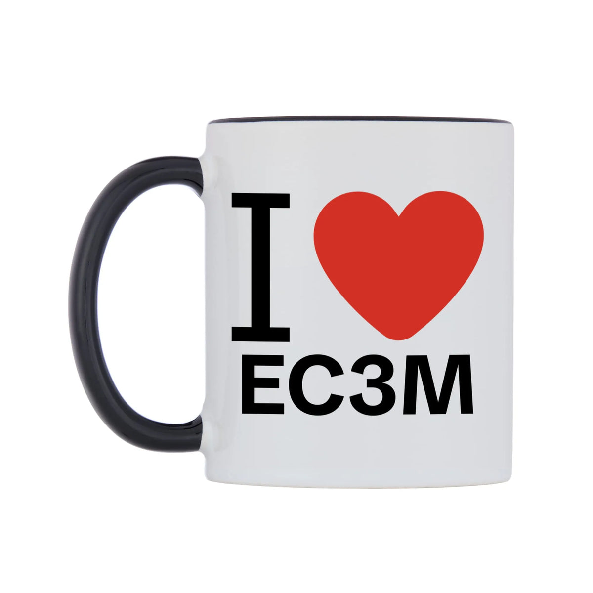 I Love EC3M Mug — white 11oz gloss mug with a black inside and handle, right side, on a white background
