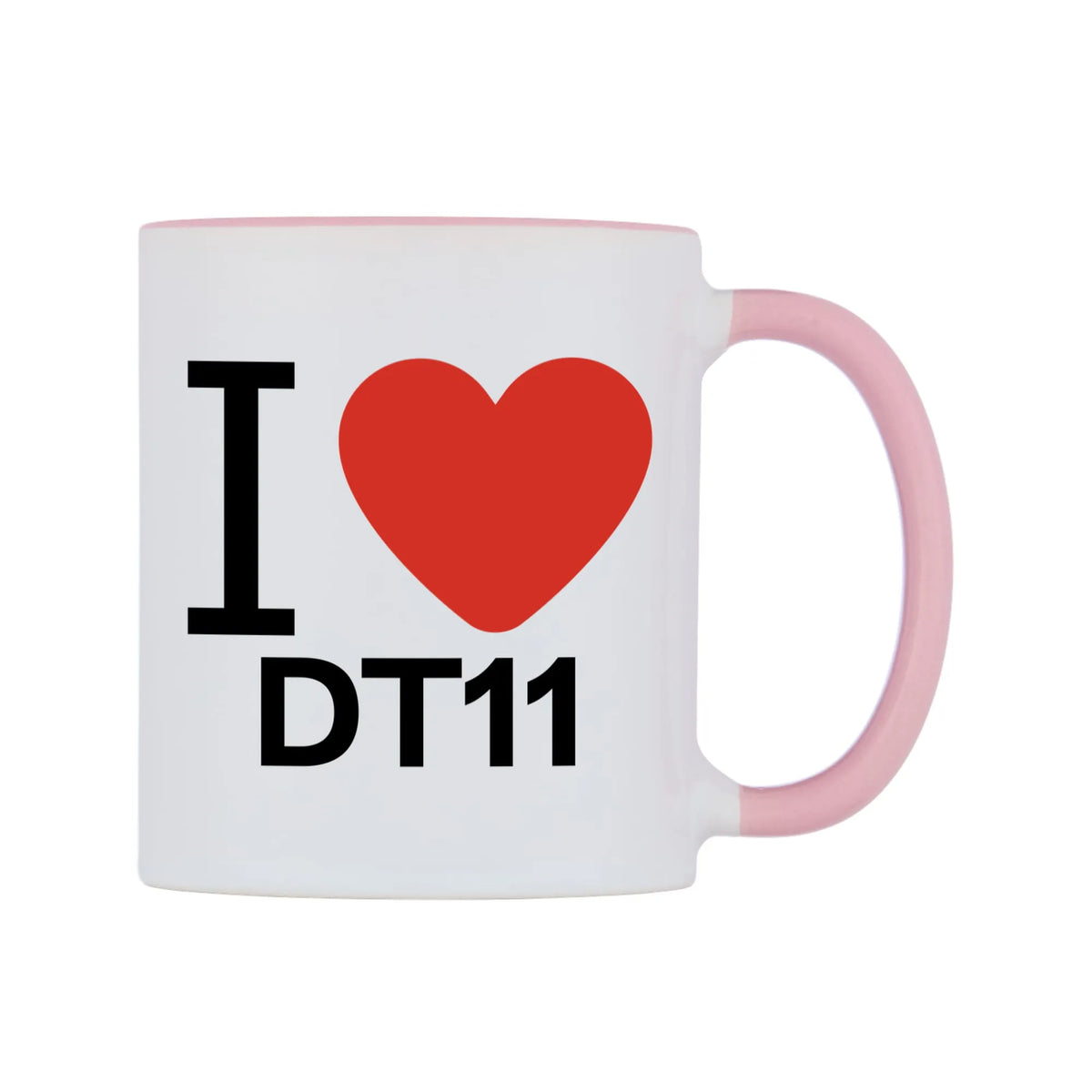I Love DT11 Mug — white 11oz gloss mug with a pink inside and handle, left side, on a white background