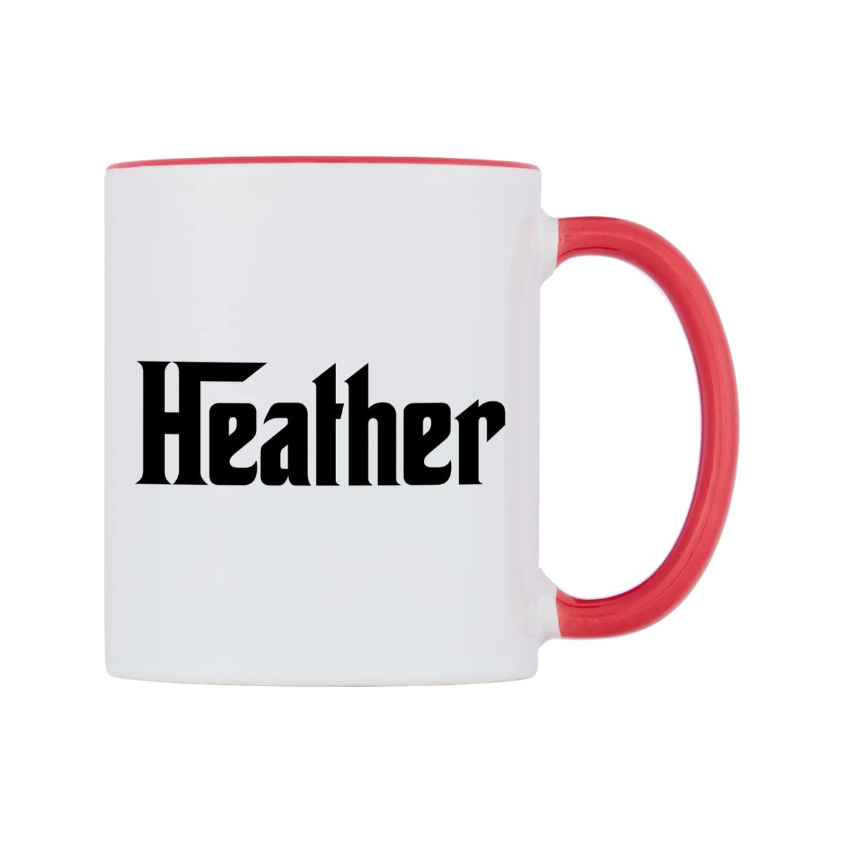 Heather - Godfather Themed Mug — white 11oz gloss mug with a red inside and handle, left side, on a white background