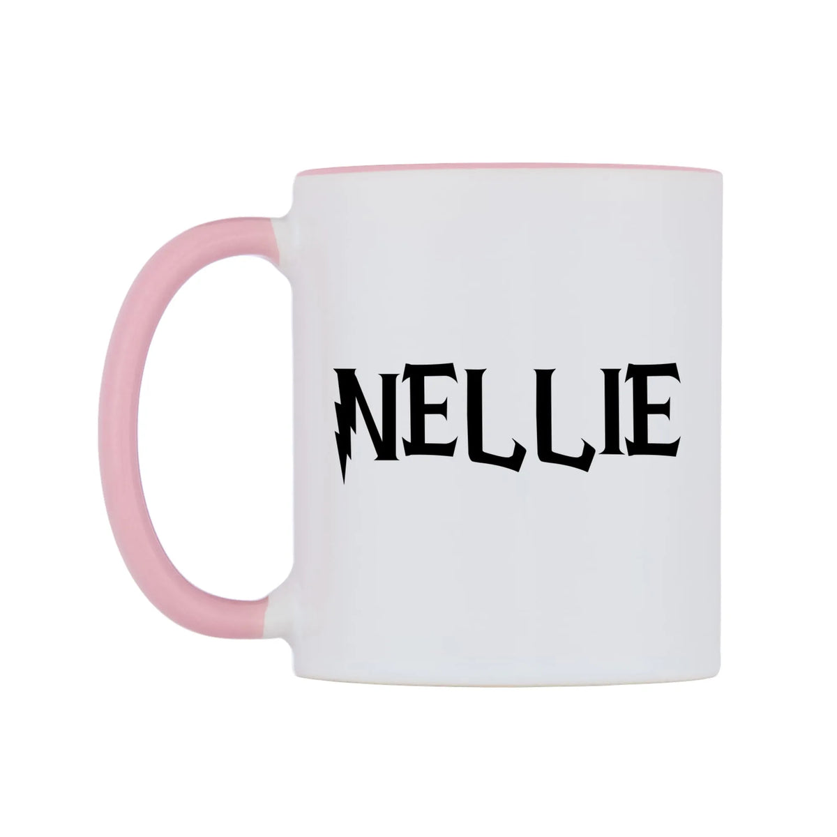 Nellie - Wizard Themed Mug — white 11oz gloss mug with a pink inside and handle, right side, on a white background