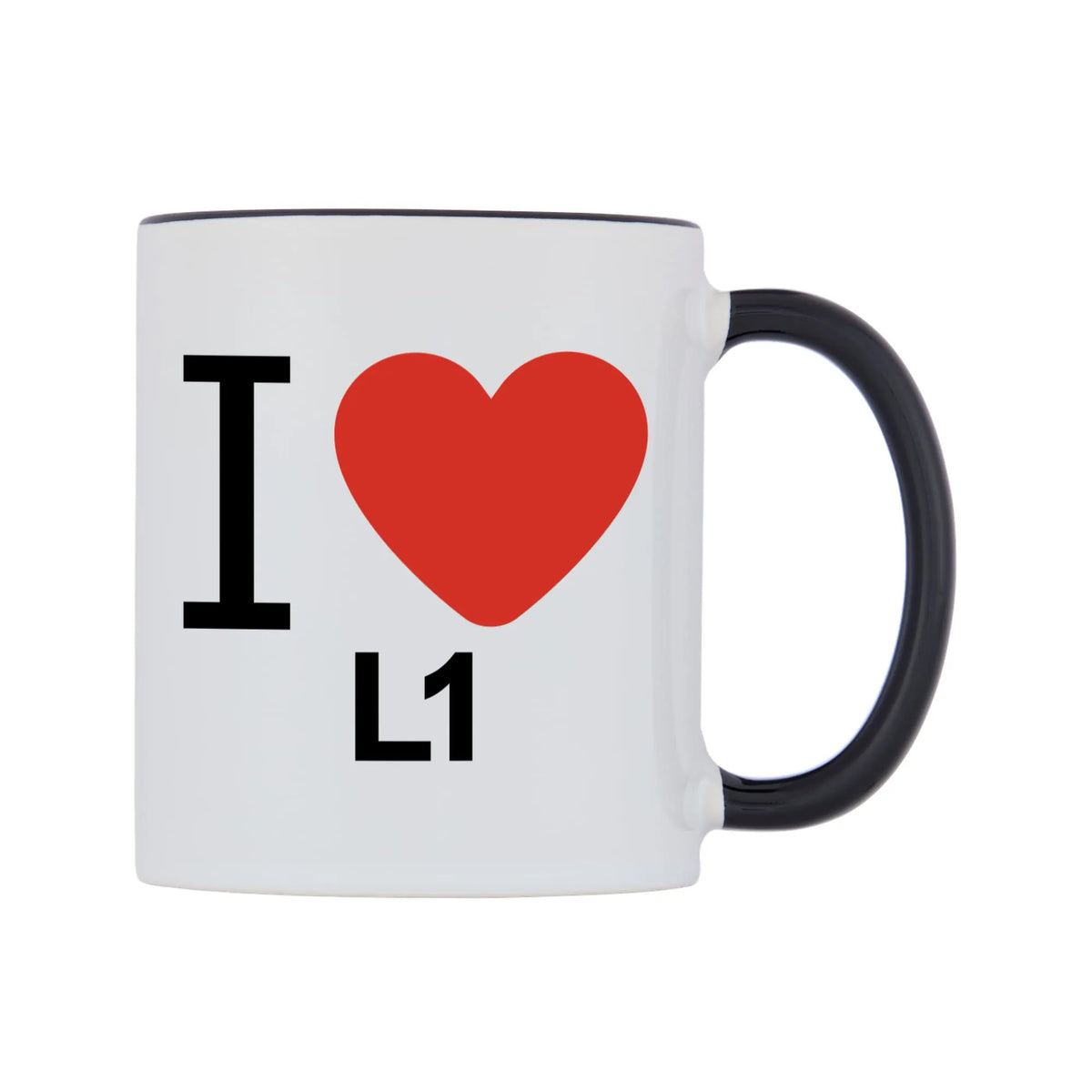 I Love L1 Mug — white 11oz gloss mug with a black inside and handle, left side, on a white background