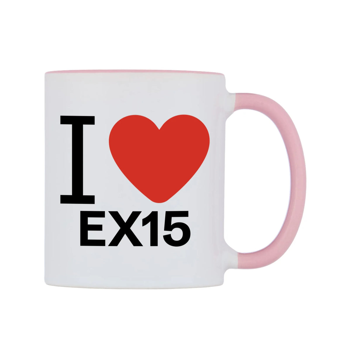 I Love EX15 Mug — white 11oz gloss mug with a pink inside and handle, left side, on a white background