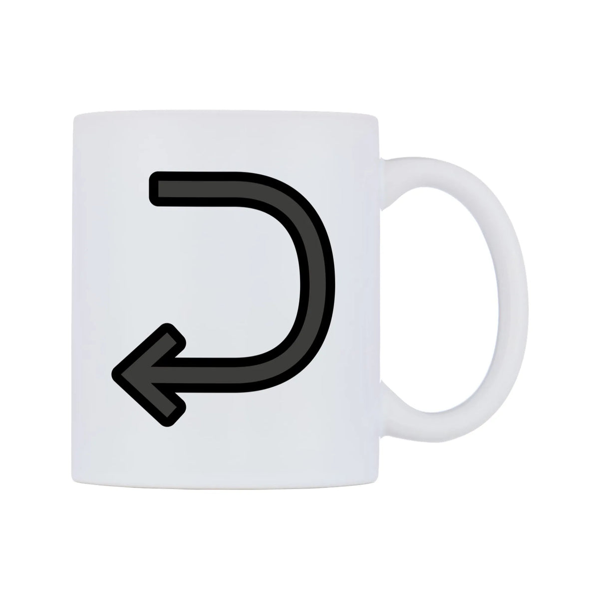 Right Arrow Curving Left Emoji Mug — mug, left side, on a white background