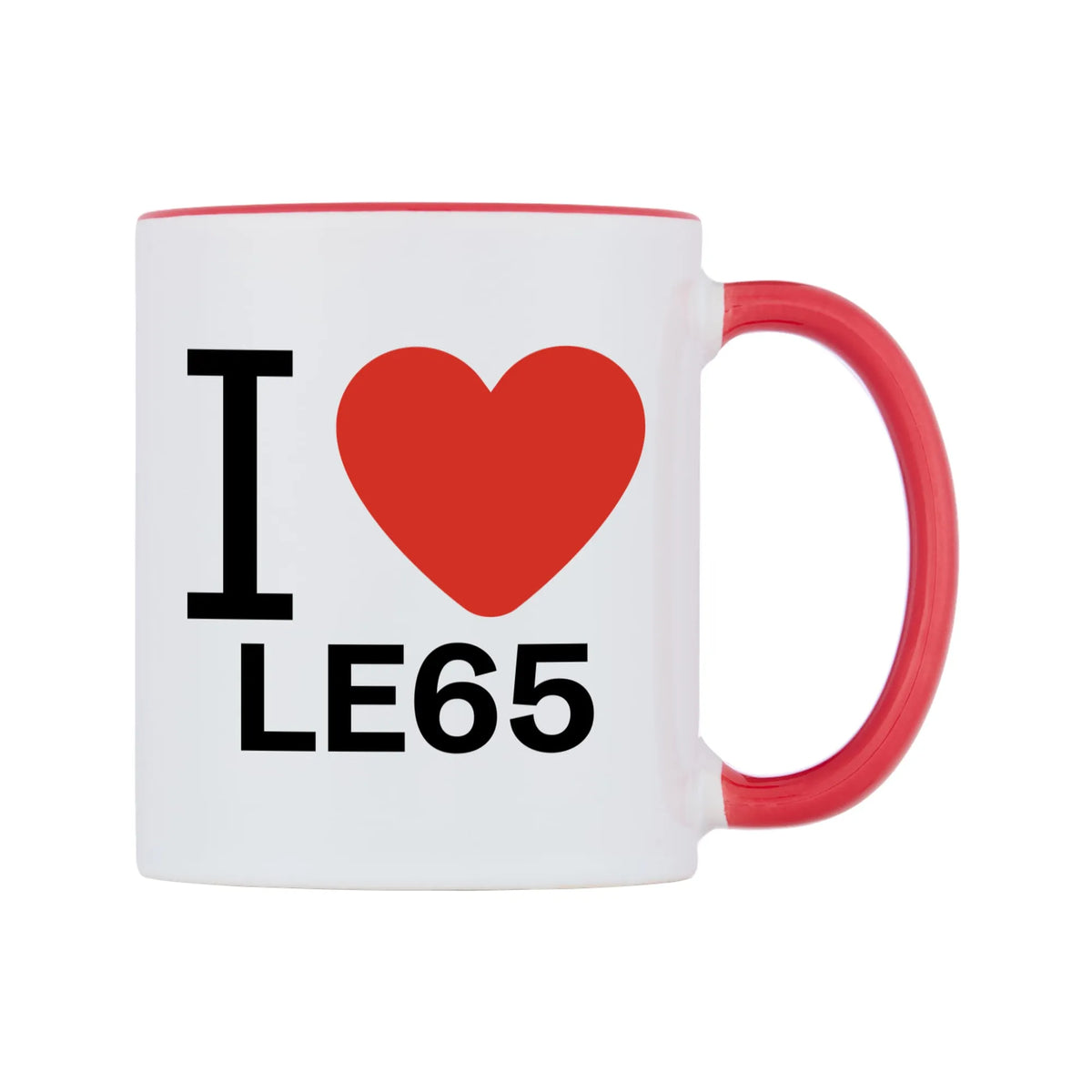 I Love LE65 Mug — white 11oz gloss mug with a red inside and handle, left side, on a white background