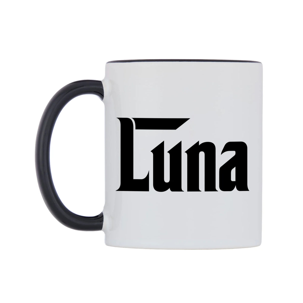 Luna - Godfather Themed Mug — white 11oz gloss mug with a black inside and handle, right side, on a white background