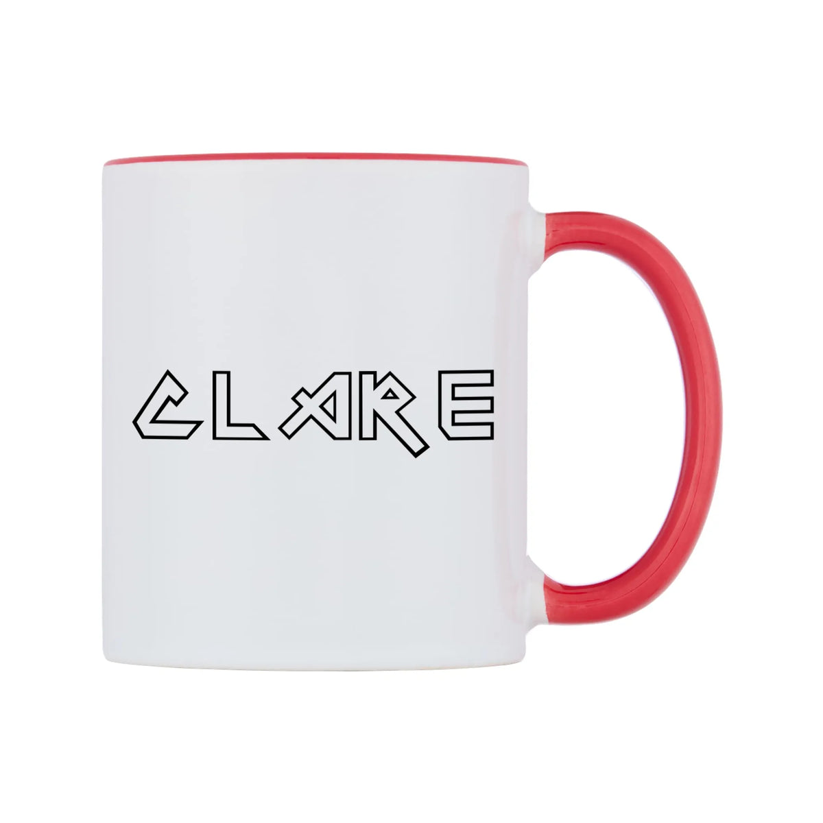 Clare - Iron Maiden Themed Mug — white 11oz gloss mug with a red inside and handle, left side, on a white background