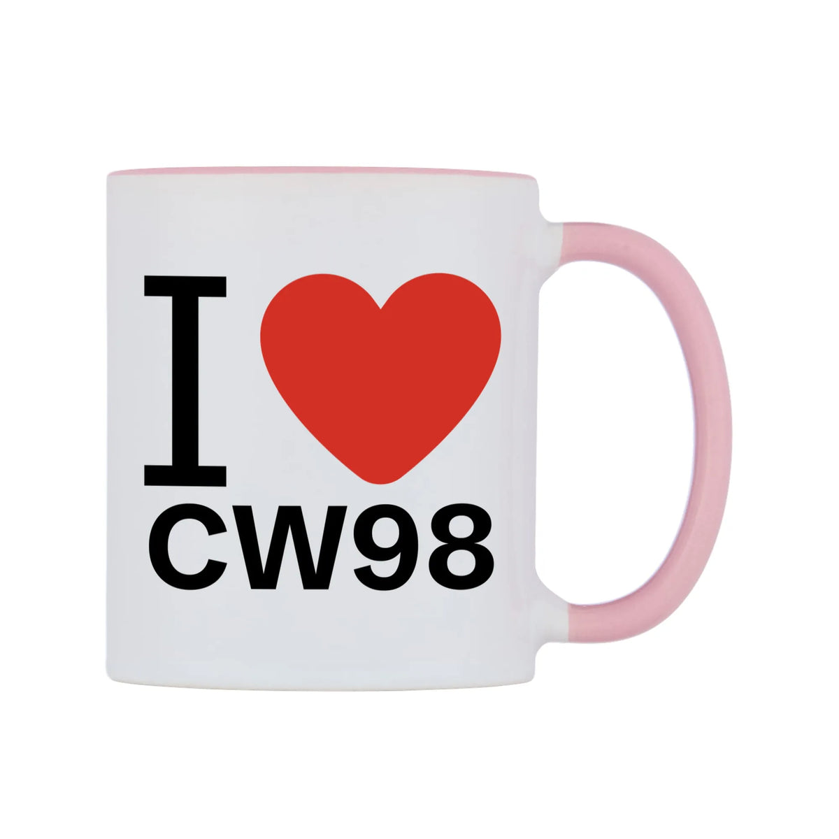 I Love CW98 Mug — white 11oz gloss mug with a pink inside and handle, left side, on a white background