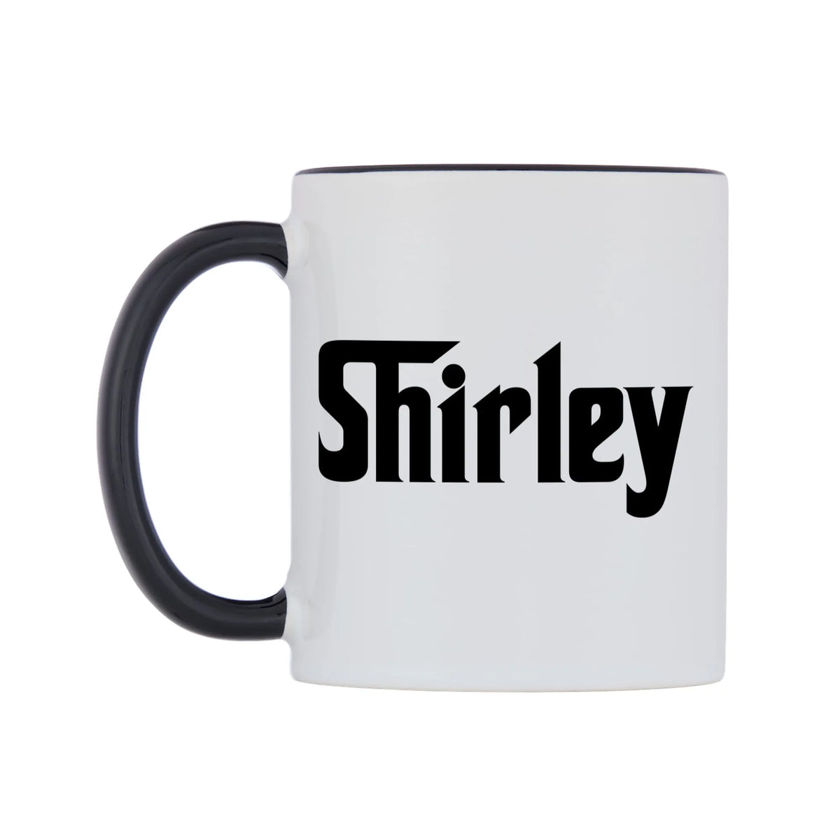 Shirley - Godfather Themed Mug — white 11oz gloss mug with a black inside and handle, right side, on a white background