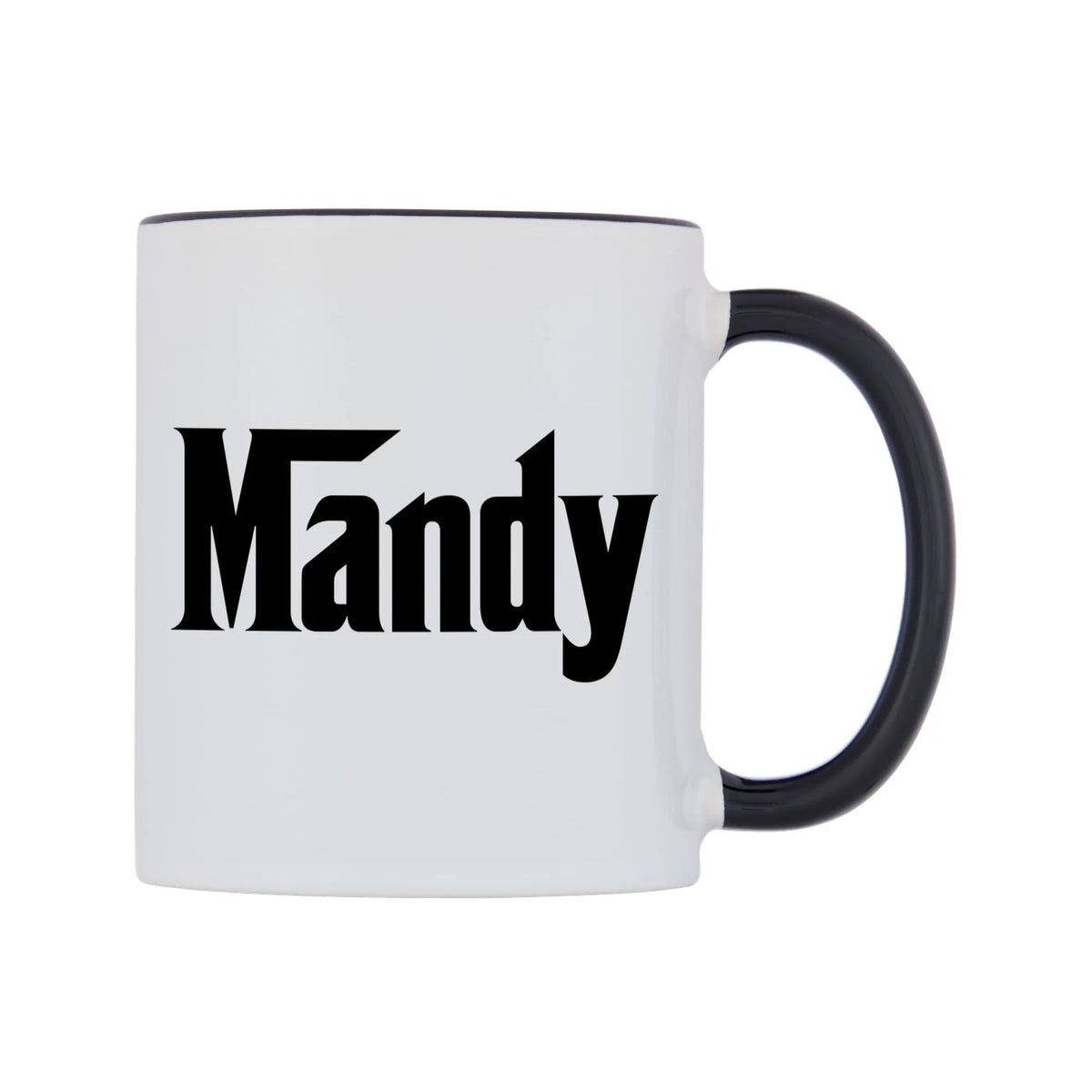Mandy - Godfather Themed Mug — white 11oz gloss mug with a black inside and handle, left side, on a white background
