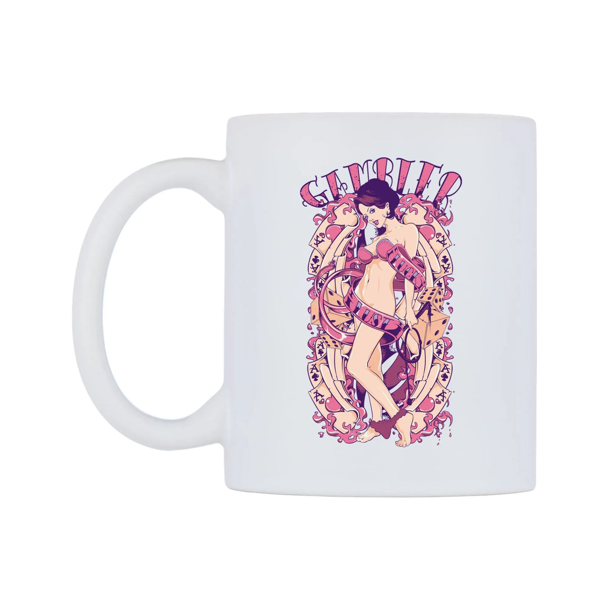 Gambler of Luck and Lust Mug — white 11oz gloss mug, right side, on a white background
