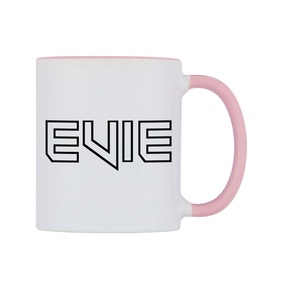 Evie - Iron Maiden Themed Mug — white 11oz gloss mug with a pink inside and handle, left side, on a white background