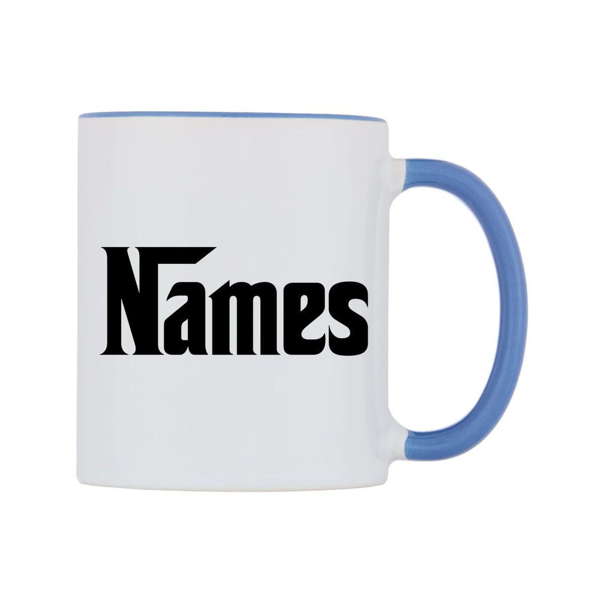 Personalised Godfather Themed Font Names Mug — white 11oz gloss mug with a cambridge blue inside and handle, left side, on a white background