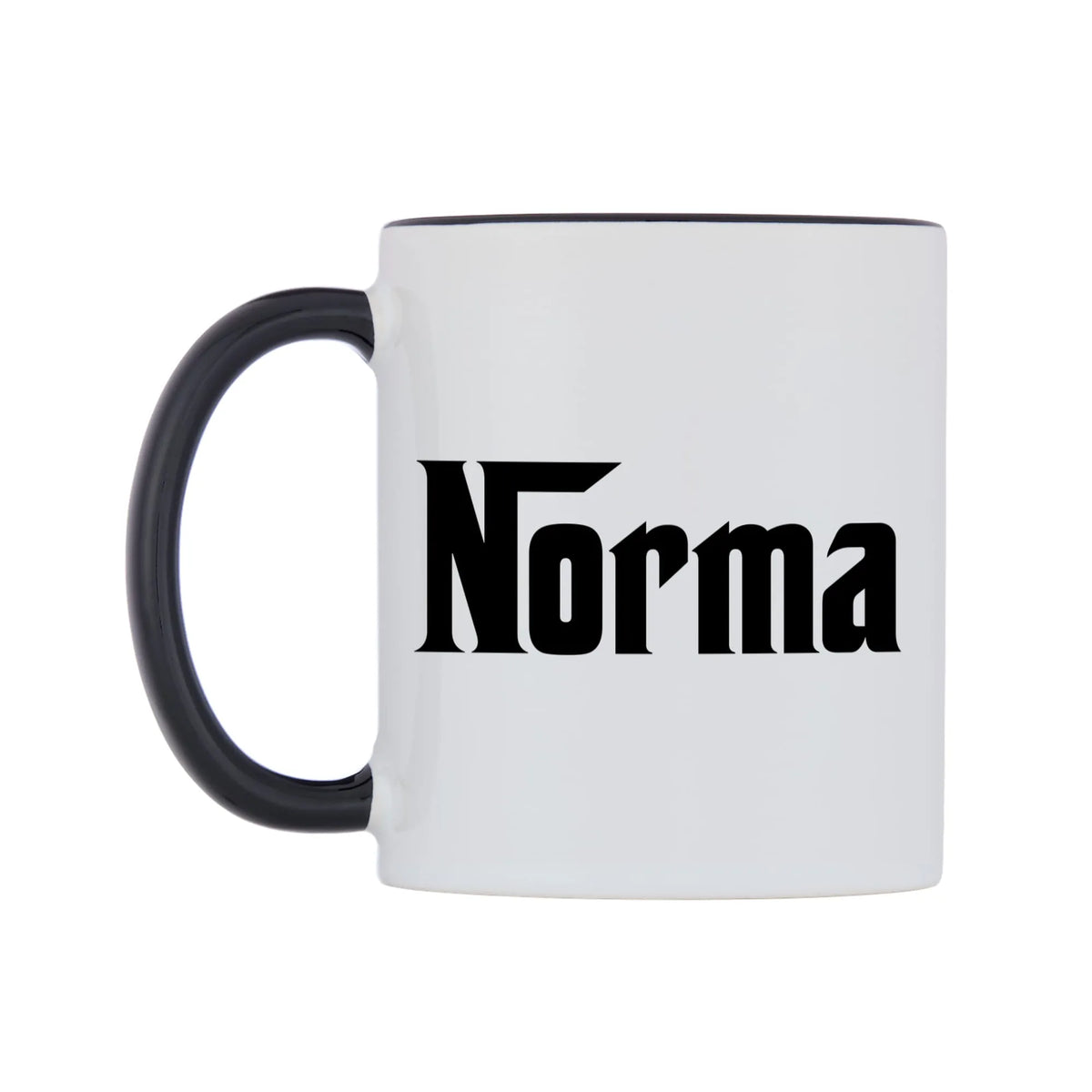 Norma - Godfather Themed Mug — white 11oz gloss mug with a black inside and handle, right side, on a white background